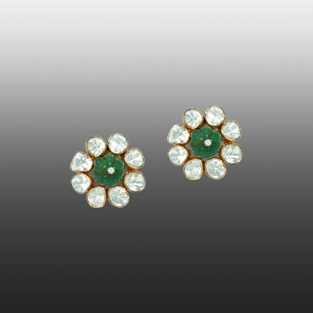Polki Stud Earrings with Carved Emeralds
